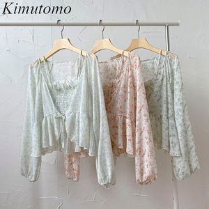 Kimutomo Casual Sweet Floral Suit Kvinnor Koreansk Fashion Långärmad Snörning Upp Smal Toppar Och Kort Elastisk Sling Elegant 2 Piece Set 210521