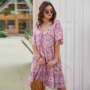 Jastie Plus 크기 여름 반팔 여성 드레스 Boho Floral Print Mini Dresses 대형 캐주얼 해변 짧은 여성 Vestidos 210419