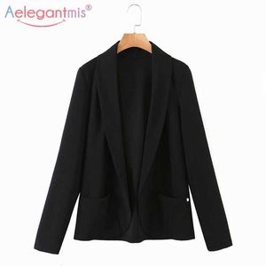 AELEGANTMIS Moda Biuro Lady Blazer Jacket Kobiety Casual Koreański Czarny Z Długim Rękawem Znosić Solid Vintage Chic Mujer Vestido 210607