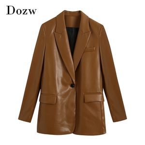 Women Fashion PU Faux Leather Blazer Long Sleeve Single Button Brown Jacket Vintage Notched Collar Outerwear Coat 210515