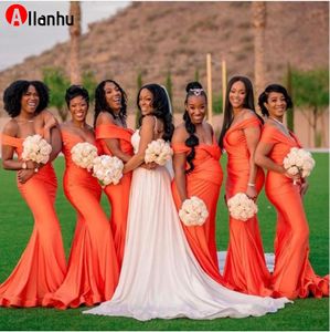 NEU! 2022 Off Schulter Meerjungfrau Brautjungfer Kleider Afrikanische Frauen Lange Orange Hochzeit Party Kleid Anpassen Robe De Soiree De Mariage