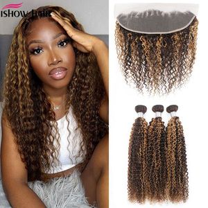 Ishow Transparent Lace Front Markera Mänskliga hårbuntar med stängning Brasiliansk kroppsvåg 3/4 st Peruvian Straight Kinky Curly för kvinnor 8-28 tum ombre färg