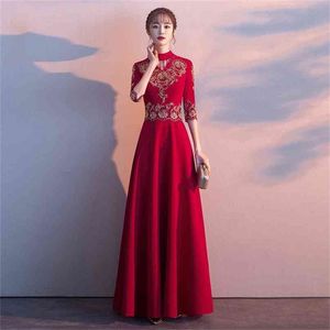 Noite vestido vestido vermelho verão elegante bordado meia manga piso-comprimento longo ajuste e flare mulheres maxi es 210603