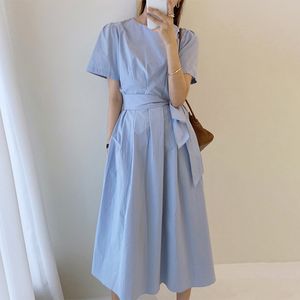 女性プリーツレースハイウエストロングローブ包帯シャツドレスoネック半袖ルーズスプリング夏2F0313 210510