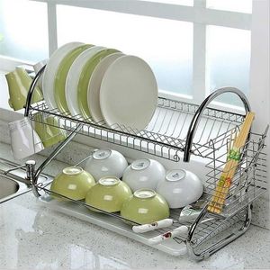 Large Dish Drying Rack Cup Drainer 2-Tier Strainer Holder Tray Stainless Steel Kitchen Accessories organizador de cocina 211112