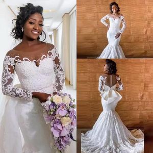 Sleeves 2021 Long Lace Wedding Dresses Bridal Gown Applique Plus Size Beaded Bow Sweep Train Covered Buttons Custom Made Robe De Mariee