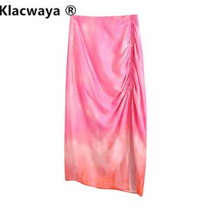 Kvinnor vintage slips färgad utskrift pläterad design sarong kjol faldas mujer kvinnlig sida split chic slim midi vestidos 210521