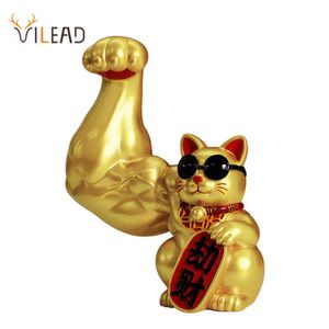VILEAD Creative Muscle Arm Lucky Cat Figurines Home Decoration Accessories Interior Feng Shui Animal Crafts Office Room Shop 210804