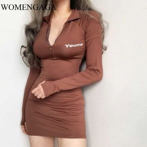Womengaga Sonbahar Kış Moda Küçük Turn-down Yaka Fermuar Rahat Göster Ince Kalça Uzun Kollu Mini Seksi Elbise U9QJ 210603