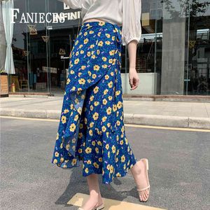 Ruffles print Long Skirts Women Summer beachwear ins Fashion Waist Sexy Split Loose Skirt Lined drop falda 210520