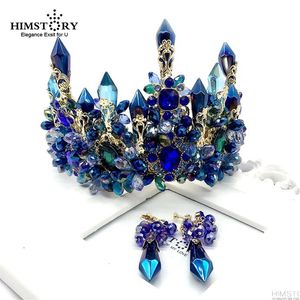 Pelo Azul De La Boda al por mayor-Himstory Brides Oversizy Blue Baroque Royal Tiaras Crown Headpiece Retro verde Tiara Hairbands Boda Joyería de pelo