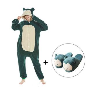 Anime Onesie Kigurumis med tofflor Green Pajama Cartoon Suit Polar Fleece Tunna Overaller Funny Cool Homewear Sleepwear Unisex 211109