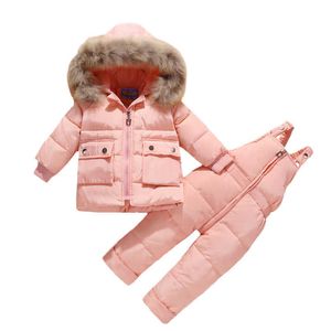 2021 Kinder Herbst Winter Dünne Daunenjacke Parka Echtpelz Junge Baby Overalls Kinder Mantel Schneeanzug Schnee Kleidung Mädchen Kleidung Set H0909