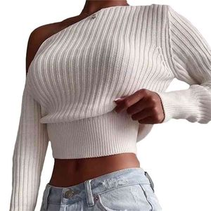 Strapless Sweater Women Sexy Oblique Shoulder Solid Color Long Sleeves Slim Short Female LR1318 210531