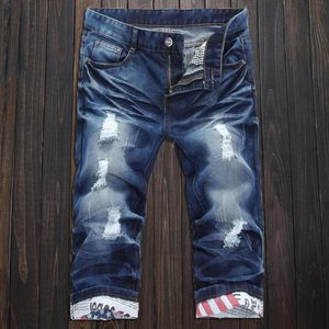 Mens Jeans Spring Summer Cotton Thin Ripped Holes Slim Cropped Trousers Pants Pocket Zipper Scratch Denim Straight Shorts Men's