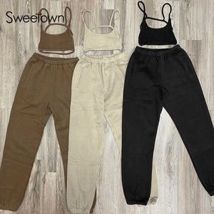 Sweetown 2021 Summer Khaki Casual Spodnie Garnitury Backless Sexy Crop Top and Jogger Supworaty 2 Sztuka Zestawy Damskie Loungewear Set Y0625