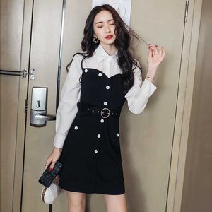 Outono preto vestido branco mulheres streetwear manga longa camisa de retalhos es com cinto plus tamanho sexy escritório vestido 210529