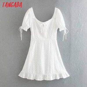 Summer Women White Lace Off Ramię Kwadratowa Neck Krótki Rękaw Damski Mini Dress 3D40 210416