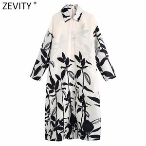 Mulheres Vintage Posição Folhas Imprimir Casual Camisa Solta Vestido Feminino Chic Manga Longa Vestido Botão Kimono Vestidos DS8281 210420