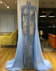Suknia wieczorowa Dress Blue Cape Long Sukienka Z Długim Rękawem Wysokiej Neck Crystal Yousef Aljasmi Kim Kardashian Kylie Jenner Kendal