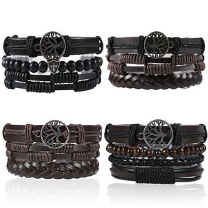 Vintage Leaf Feather Multilayer Wood Leather Bracelet Men Fashion Braided Handmade Star Rope Wrap Bangles 4 pcs/set