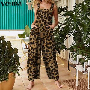 Summer Overalls Women Jumpsuits Square Collar Vintage Leopard Print Romper Plus Size VONDA Lady Ankle Length Wide Leg Pants A0Q1