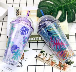 15.2OZ milk coffee straw mug, colorful cups with different lids, summer leaves, various styles, support customized logo