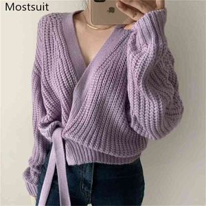 V Yaka Örme Kuşaklı Hırka Kazak Kadın Tam Kollu Dantel-Up Kaba İplik Katı Moda Kore Bayanlar Jumpers Femme 210513 Tops