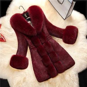 Winter Faux Fur Coat Kvinnor Tjocka Outwear Kvinna Lång Fake Fur Collar Jackor för Ladies Slim Elegant Varm Coat 210917