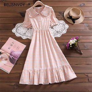 Mori Girl Elegancki Midi Vestidos Lato Moda Peter Pan Collar Rękaw Puff Sleeve Kobiety Retro Dress Plaid Party japońska 210520