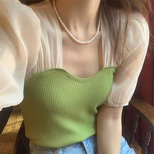 South Korean Chic Summer Retro Square Collar Hit Color Stitching Body Bubble Sleeve Fake Two-piece Knitwear Top 210529
