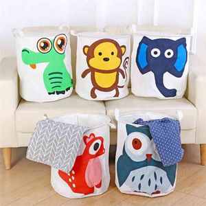 Foldable Cartoon Laundry Basket Animal Bag Cotton Linen Fabric Kids Toy Large Storage Organizer Baskets Hamper 210423