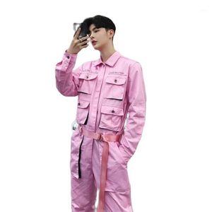 Men's Tracksuits Fashion Pink Black Multi Pockets Jumpsuits Men Cargo Work Long Pants Hip-hop Male Japan Style Vintage Slim Fit Overalls Rom