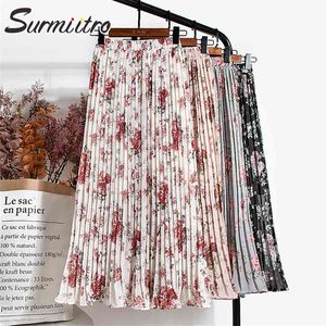 Gonne lunghe bohemien Donna Estate stile coreano Bianco Nero Stampa floreale Vita alta Gonna lunga plissettata da sole Donna 210421