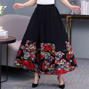 Vintage High Waist Printed Pleated Skirt Women Red Black Midi Ethnic Female Spring Summer Big Swing Long Clothes 210421