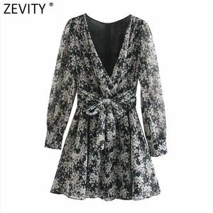 Zevity Women Vintage VネックプリーツパフスリーブフローラルプリントサッシスミニドレスフェムメゴールデンラインヴェスティドシャツドレスDS4829 210603