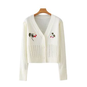 Kvinnor Mode Floral Broderi Beskuren Cardigan Sweater Vintage V Neck Hollow Out Kvinna Ytterkläder Chic Toppar 210521