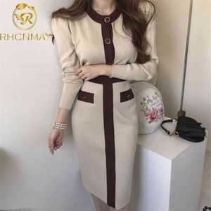 Autumn Korean Knitted Color-blocked Two Piece Sets Women Long Sleeve Cardigan + Elastic Waist Skirt Suits Outfits 210506