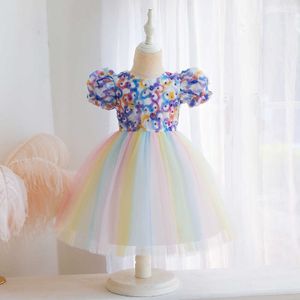 Buntes Mädchen-Blumenkleid für Kinder, Blütenblätter, Regenbogenfarben, Tüll, Lolita, Prinzessin, Kleinkind, Partykostüm 210529