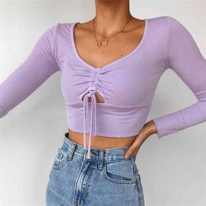 knitted long sleeve purple crop tops women sexy front cut ruched casual slim autumn winter black blouse 210427