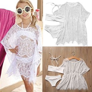 Pudcoco Fashion Children Girls Dresses 3Pcs Hollow Out Summer Wear Fashion Dresses Solid Long Sleeve Beach Wear Sundress UK Q0716