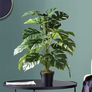 75cm 24Fork Fake Plants Large Artificial Palm Tree Branch Plastic Tropical Monstera False Turtle Leaf For Home Garden Room Decor 211104