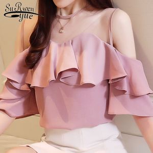 summer fashion Lady chiffon short shirts O neck white and pink color elegant sweet womens tops blouses 3893 50 210521