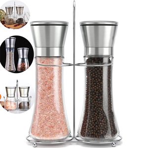 2 PCS / SET Moedor de sal manual definido com suporte de metal de aço inoxidável pimenta de pimenta shaker preto ferramentas de cozimento 210712