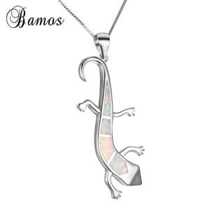 Bamos Cute Lizard Pendant Necklace White Blue Orange Fire Opals Filled Jewelry Silver Color For Women Gifts Necklaces