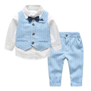 Детские джентльменские наборы одежды мальчиков повседневная синяя полосатый костюм рубашка жилет брюки 3шт весенний детский дизайн одежды набор одежды WMQ1198