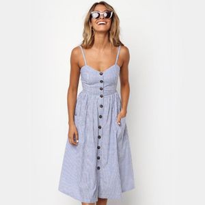 Oufisun Sommar Sexig Backless Spaghetti Strap Midi Klänning Solid Färg Ärmlös Knapp Casual Kvinnor Kvinnor Party ES 210517