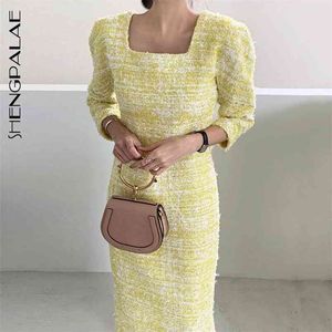 أزياء ربيع المرأة خمر فضفاضة عالية الخصر سليم رقيقة أنيقة طوق مربع فستان ماكسي ZA5763 210427