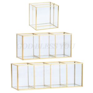 Gold Glass Makeup Brush Holder Storage Container Ring Earring Clear Decorative Pen Pencil Beauty Display 211102