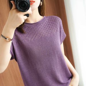 Hollow Out Lace Is Silk Stickad Kvinnor Sommar T-shirts Casual Loose 2021 O-Neck Cool Short Sleeve Pullovers Elastic Soft Jumpers x0628